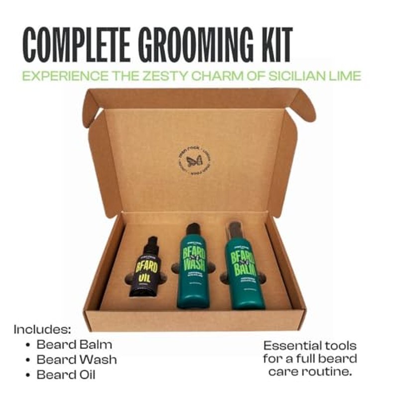 Men Rock Beardy Beloved Awakening Essential Beard Kit - Sicilian Lime - Beard Oil, Balm, and Wash - Mens Face Care - Skincare Products for Men - 3 Pc