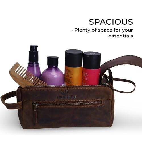 Walton Buffalo Leather Toiletry Bag for Travel, Tan Brown