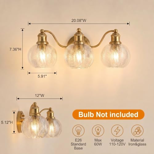 Gold 3-Light Vintage Bathroom Vanity Light Fixture with Clear Globe Shades - Reversible Wall Sconce