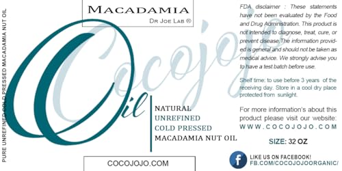 Dr Joe Lab Macadamia Nut Oil 32 oz Cold Pressed Unrefined Moisturizing Skin & Hair Oil