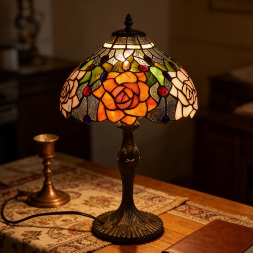Pterying Tiffany Style Rose Stained Glass Table Lamp - 19 Inch Vintage Accent Light