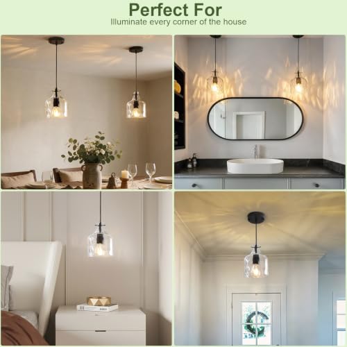 2 Pack Black Hammered Glass Pendant Lights - Adjustable Farmhouse Kitchen Island Fixture