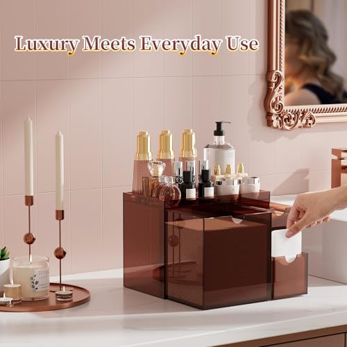 Youdepot Acrylic Face Towel Holder with Drawer ? 4-Layer Disposable Face Towel Holder Organizer Box ? Bathroom Countertop Storage for Cotton Pads, Swabs, and Skincare(Amber)