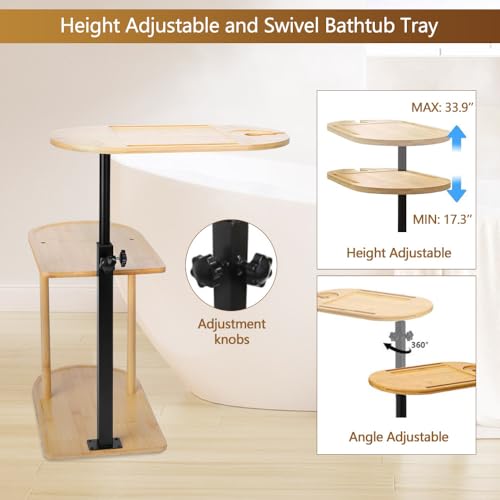 Natural Bamboo 3-Layer Bathtub Tray Table Height Adjustable Swivel Side Table