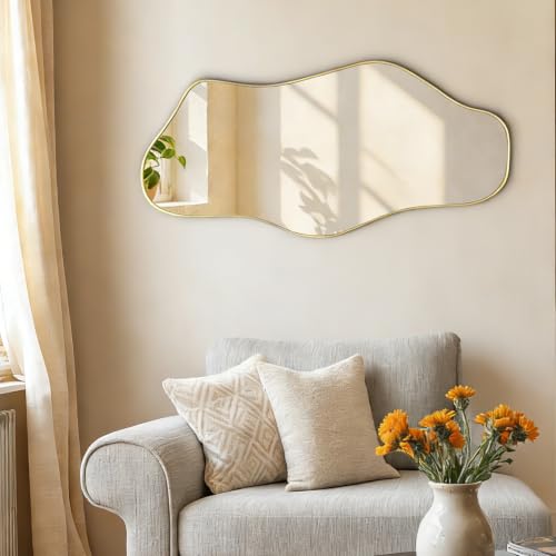 Gold Irregular Frameless Wall Mirror 35.8x17.7 Inches - Asymmetrical Decorative Mirror