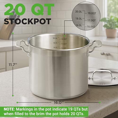 20 Quart Heavy-Duty Stainless Steel Stockpot with Lid - Large Induction & Gas Compatible