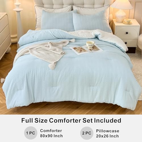 Full Size Light Blue Boho Comforter Set 3 Pieces - Striped Pleats All Season Bedding