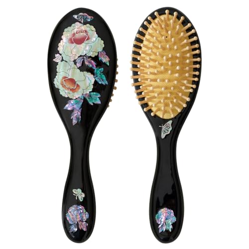 Antique Alive Butterfly Black Mother of Pearl Inlay Hair Brush - Detangling & Scalp Massage, Gift Ready