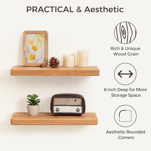 Floating Wall Shelves Set of 2 - 24 Inch Reclaimed Elm Rustic Storage for Kitchen & Bathroom - Variation Elm / 6.7"D x 24"L