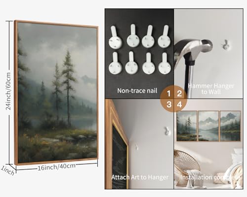 SIGNINART Large Green Forest Framed Canvas Wall Art Set, 3 Panels, 16x24 inches, Misty Mountain Lake Nature Decor for Living Room & Bedroom