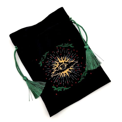Black Velvet Pouch for Tarot Decks, Oracle Cards and Crystals, Embroidered Mystical Makeup Bag, Soft Velvet Cosmetic Pouch, Travel Organizer Storage Bag with Tassel