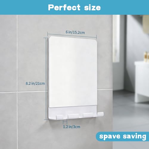 SANTOO Fogless Shower Mirror, Bathroom Shaving Anti-Fog Mirror with 3 Razor Holders - Strong Adhesive for Any Surface Without Falling, Shatterproof & Space-Saving (White)