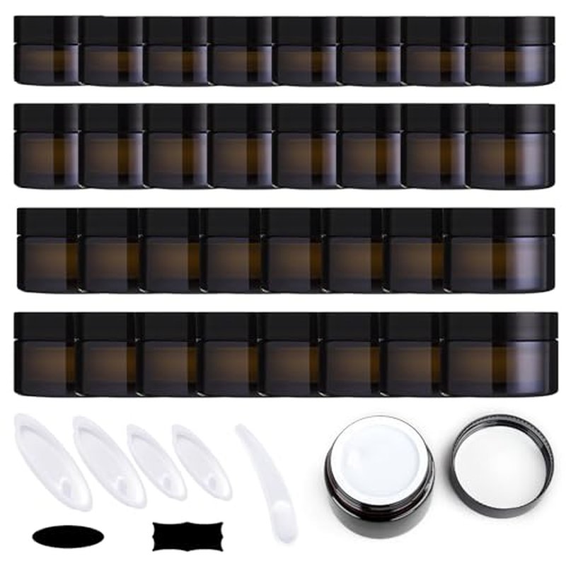 192Pcs 5g 10g 15g 20g Amber Glass Jars Assorted Kit with Black Lids, Inner Liners, Spoons and blank labels for Storing Lip and Body Scrub, Bath Salts, Lotion, Body Butter