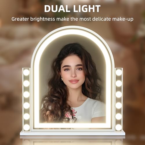 Hansong Hollywood Vanity Mirror with Lights 22.4"x23.4" Arched Lighted Makeup Mirror with Lights 12 Dimmable Bulbs Three Color Lighting Modes Detachable 10X Magnification Smart Touch Control