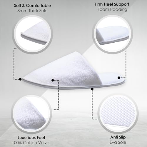 Modlux Spa Slippers, 12 Pairs Cotton Velvet Closed Toe Disposable Slippers for Guests, Bathroom, Bedroom, Hotel, House, Bride, Travel and Shoeless Home (6 Large 6 Medium) White