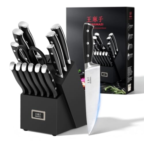 WANGMAZI Black Pro 15-Piece Kitchen Knife Block Set with High Carbon Steel
