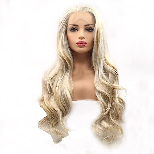 Wigs Piano Color Highlight Golden Hair Mixed White Blonde Synthetic Lace Front Wig - Gold Variation