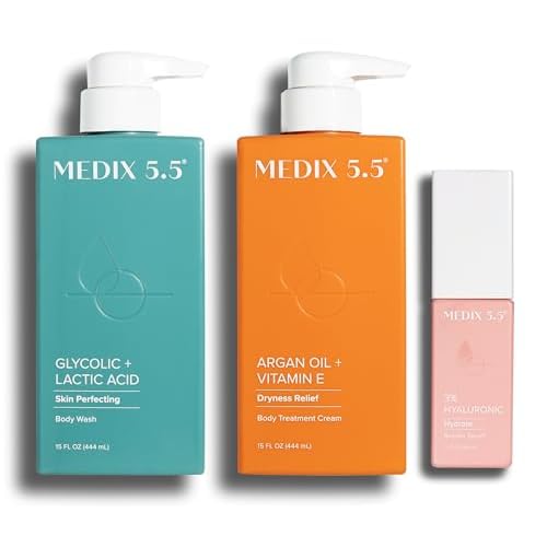 Medix 5.5 Glycolic Acid Body Wash + Argan Oil Firming Cream + 3% Hyaluronic Acid Anti-Aging Booster Serum Set
