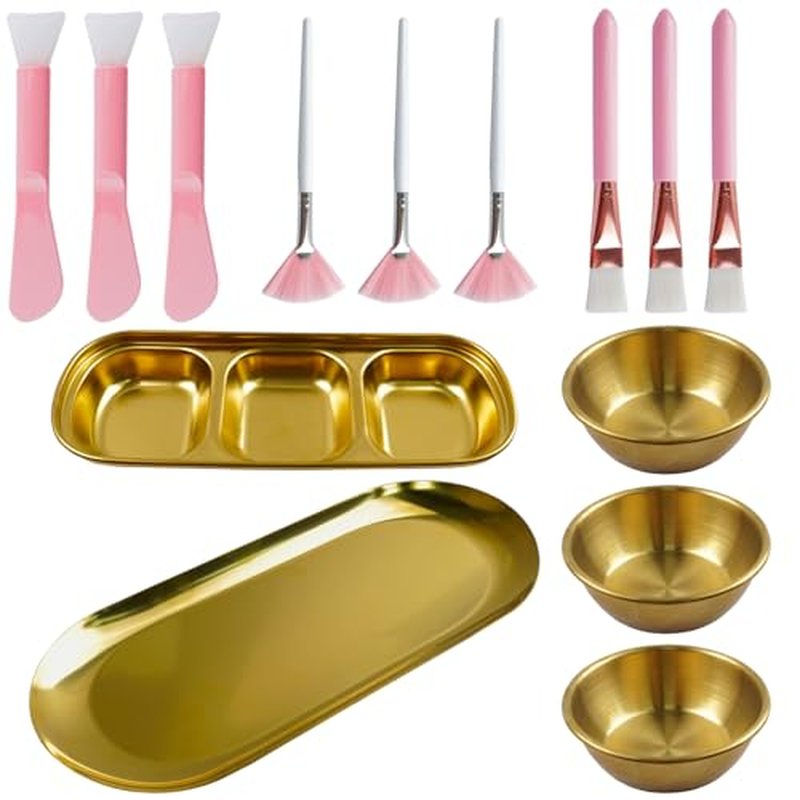 14 Pcs Esthetician Supplies 3 Large Stainless Steel Gold Mixing Bowls 1 Gold Serving Tray 1 Serving Tray with 3 Compartment 3 Facial Fan Brushes 3 Face Mask Applicator Brush 3 Facial Mask Scrapers