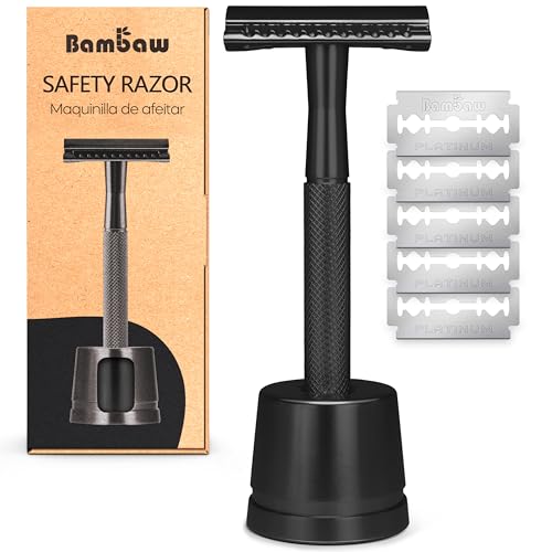 Black Double Edge Safety Razor with Stand & 5 Blades for Men