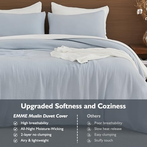 EMME King Blue Muslin Cotton Duvet Cover Set - Linen-Like, 104 x 90 inches
