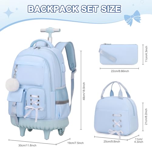 Girls Rolling Backpack Set with Lunch Box & Pencil Pouch - 3-in-1 School Backpack