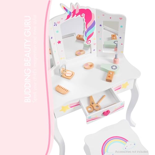 Kids Vanity Set with Unicorn and Rainbow Theme - Includes Mirror & Drawer - Gift for Girls