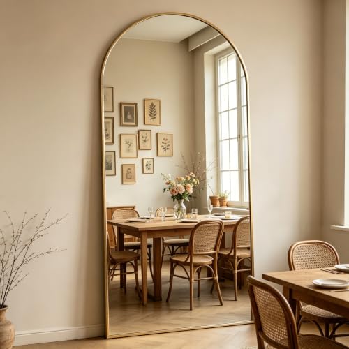 MyVoice 25x65 Inch Gold Arched Freestanding Full Length Mirror with Metal Frame - White Finish