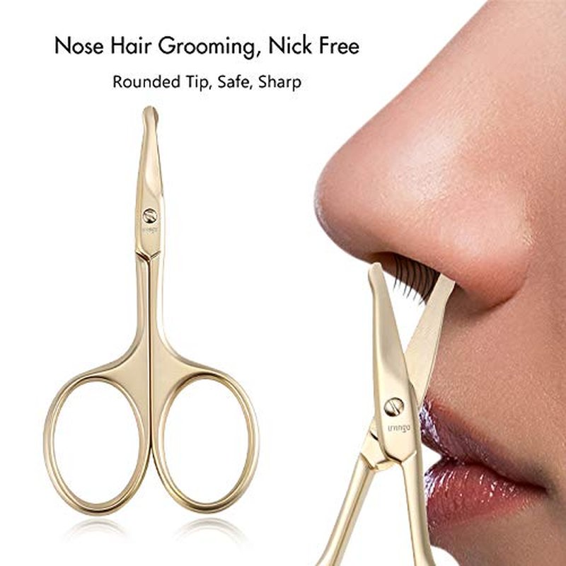 LIVINGO 3.75" Small Safety Facial Nose Hair Scissors, Curved Blade with Rounded Tip Stainless Steel for Manicure Cuticle, Eyebrow, Dry Skin (Gold)