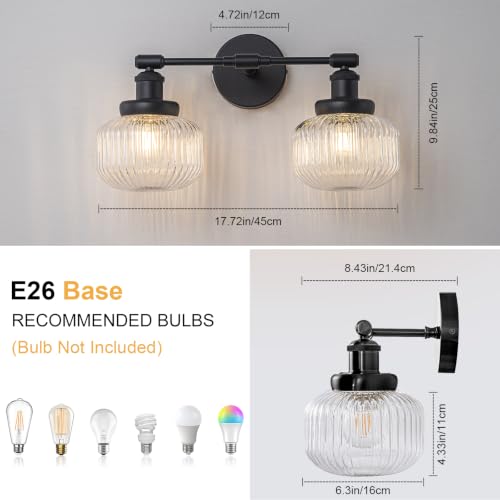 Black Round 2-Light Bathroom Vanity Light Fixture with Ribbed Glass Shades - Vintage Industrial Style
