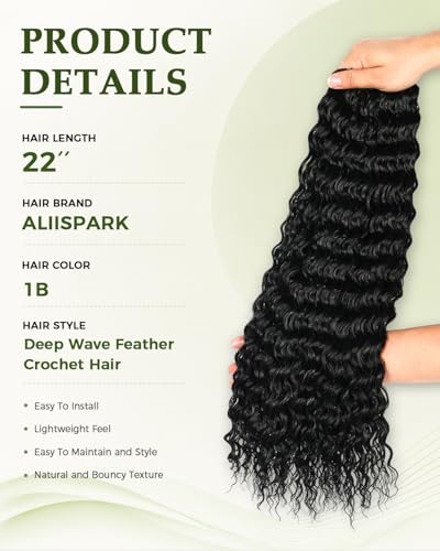 Deep Wave Feather Crochet Hair 22 Inch 100 Strands - Black, 1B Variation