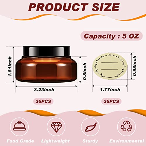 Amber 36 Pack 5 oz Refillable Plastic Lotion Containers with Lids - Leakproof Cosmetic Jars