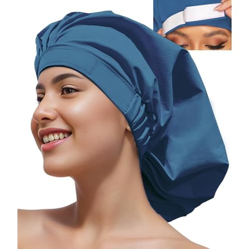 Shower Cap for Women, Large Waterproof Shower Bonnet Washable Elastic Band Bath Hair Hat for Long Hair, Braids (blue)