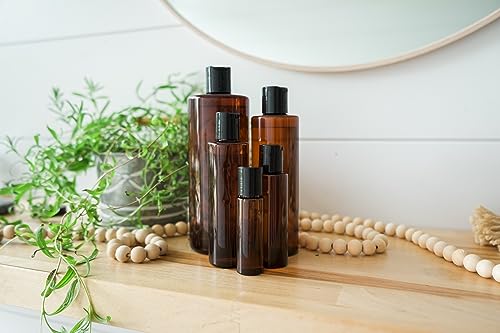 8oz Amber Plastic Bottles with Screw Caps - Pack of 12, Reusable Travel & Body Wash Containers