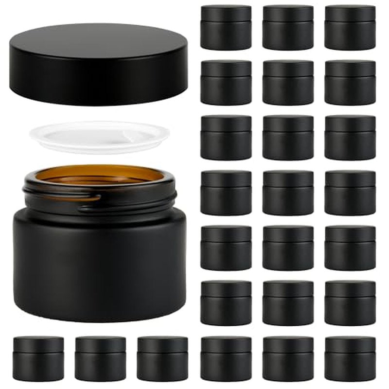 2 oz Reusable Black Glass Container Jars 24 Pack with Wide-mouth Leak Proof Cap and Inner Pull-On Lid for Travel Storage Makeup, Face Creams, Body Lotions, DIY Crafts or Others