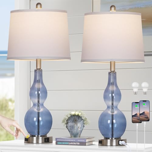 Blue Coastal Glass Double Gourd Table Lamp Set of 2 - Nautical Nightstand Lamps with USB & Outlets, Dimmable Touch Control, 27.5"