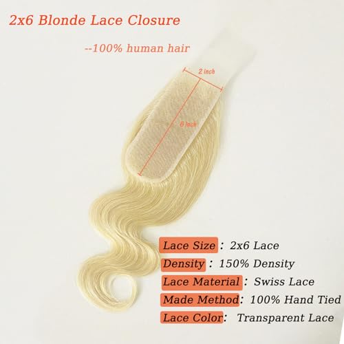 613 Blonde 2x6 HD Lace Closure Human Hair Body Wave 12 Inch - Middle Part, Baby Hair