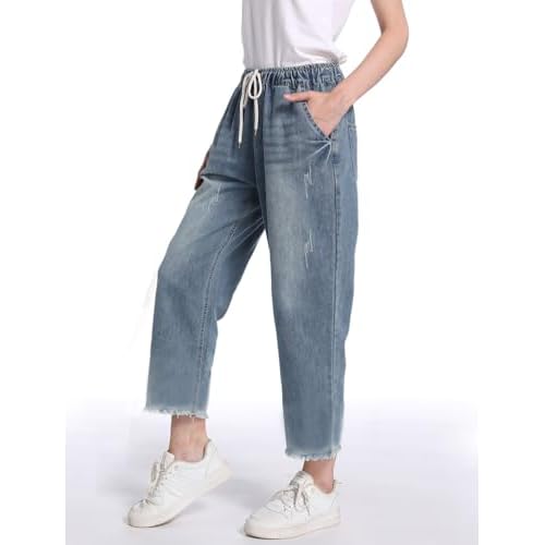 Lavnis Women's Cropped Jeans Cotton Loose Denim Pants Casual Elastic Waist Ripped Jean Joggers