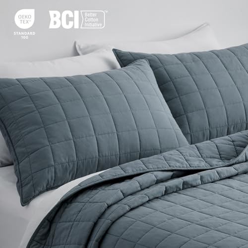 Evergracehome 100% Cotton Box Stitch Quilt Set – Queen Midnight Blue (92" x 96"), Full/Queen