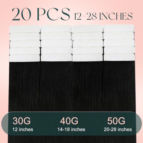 Reusable Hair Extensions Tape-in Set 20 Inch Black Human Hair with Variation A Tape-c #1