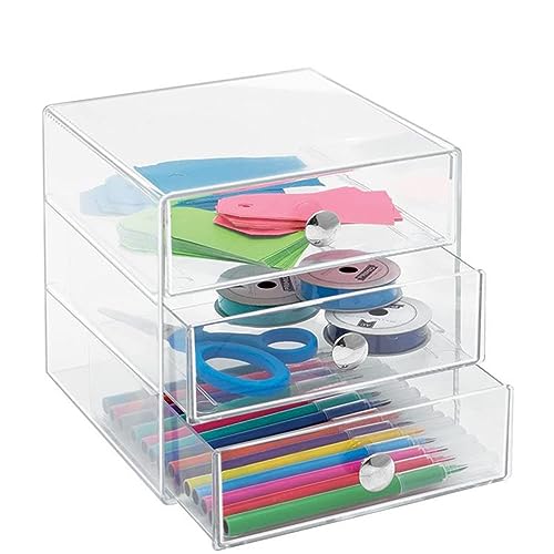 Makeup Drawer Organizer Box with 3 Acrylic Drawers - Silver Handle