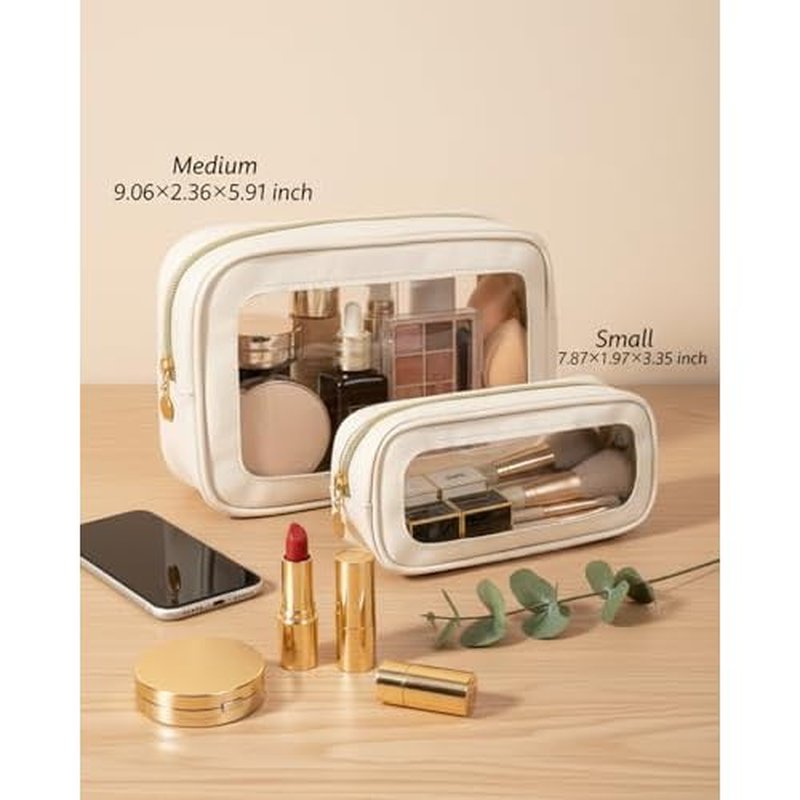 2Pcs Clear Makeup Bags Set, Clear Travel Makeup Brush Holder Leather Makeup Case Toiletry Bag with Zipper Portable Cosmetic Pouch Waterproof Makeup Brush Storage Bag Car Bag for Essentials (White Set)