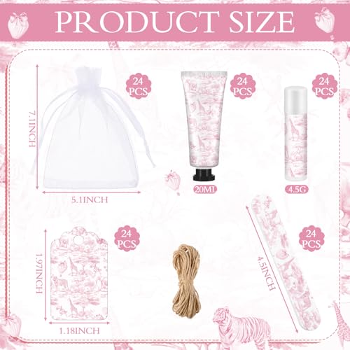 Pink Toile Baby Shower Favor Set - 24 Hand Cream Lip Balm Nail File & Organza Bag