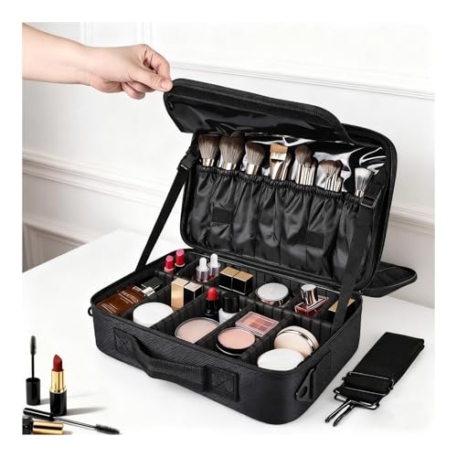 Greenfeather Black Medium Travel Makeup Case with Adjustable Dividers & Shoulder Strap