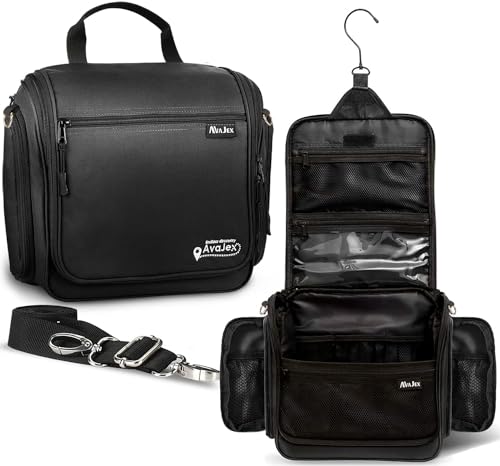 XXL Jet Black Hanging Travel Toiletry Bag for Men & Women - Waterproof with 19 Compartments