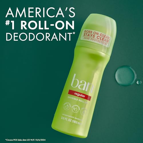Ban Invisible Roll-On Antiperspirant Deodorant 3.5 oz Pack of 4 - Regular Scent, Clear Formula, 24-Hour Protection