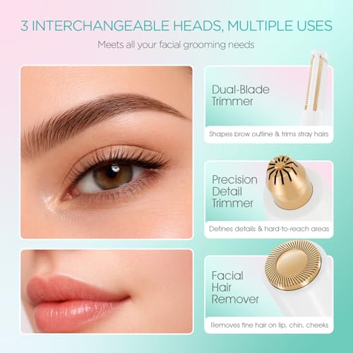 Eyebrow Trimmer for Women, 3-in-1 Electric Eyebrow Razor & Facial Hair Remover, Painless Rechargeable & Portable for Brows, Peach Fuzz, Lips and Chin (White)