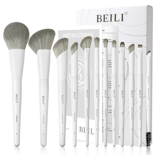White Professional Makeup Brush Set - 12 Dense Synthetic Brushes for Face & Eyes, Elegant Storage