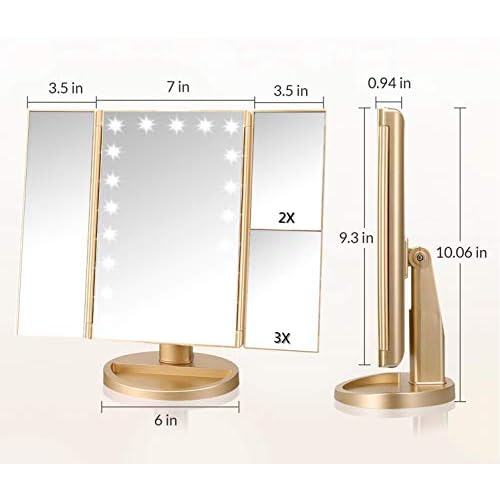 Trifold Makeup Mirror Vanity Mirror with Lights,1X 2X 3X Magnification,Touch Control,Adjustable Rotation,Dual Power Supply,Portable Travel Cosmetic Mirror,Birthday Gifts for Women,Teengirls