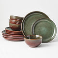 Pokini 12-Piece Stoneware Dinnerware Set for 4 Brown Green Reactive Glaze